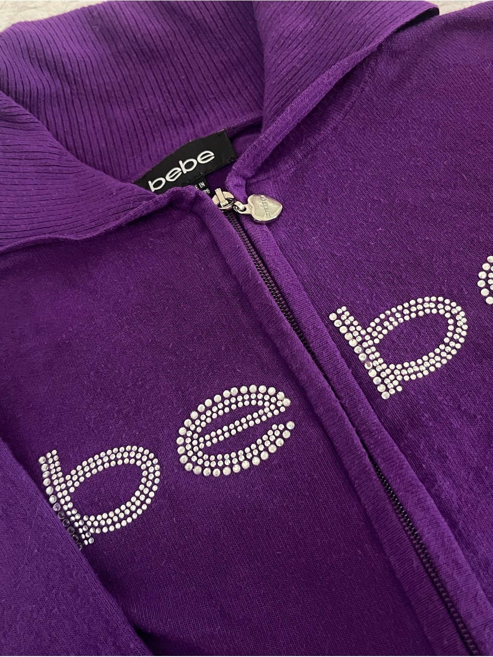 BEBE Y2K Purple Rhinestone Logo Zip-Up Sweater